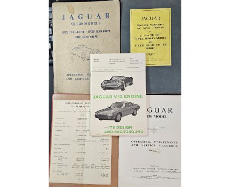 Jaguar XK 120, XK 140, XK 150 handbooks, together with Jaguar V12 engine book.&nbsp;(4 books, tied together with string)