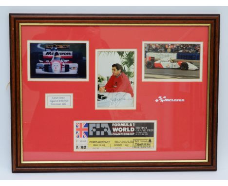 Ayrton Senna, a montage including a signed photograph and a British GP 1992 ticket, authenticity letter verso, 40 x 54cm over