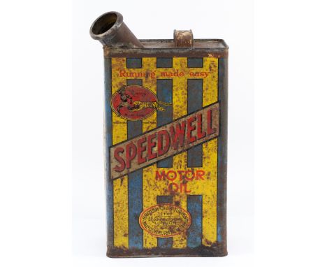 An original Speedwell "Sans Egal" one gallon oil can, soldered construction, with angled spout. Original lithography with sig