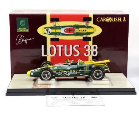 Carousel 1, Jim Clark, Lotus 38, 1965 Indianapolis 500 winner, scale 1:18, original packaging. (1 item)