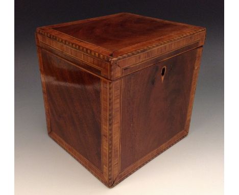 A George III crossbanded mahogany cube tea caddy, hinged cover, outlined throughout with barberpole and boxwood stringing, 13