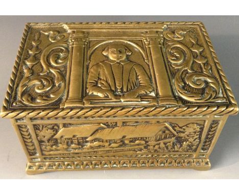 An early 20th century brass rectangular cheroot casket, cast in relief with a bust length portrait of William Shakespeare, ar