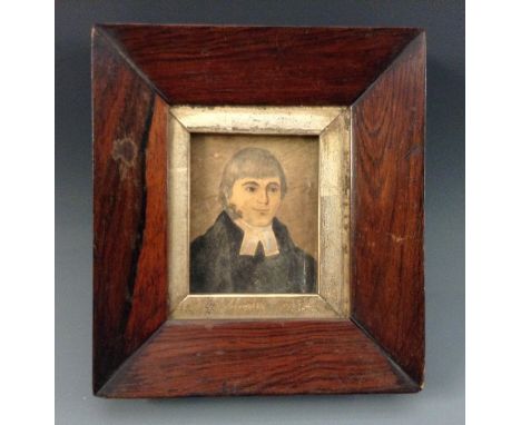 English School (19th century), a portrait miniature, of a clergyman, watercolour, 6cm x 5cm, rosewood frame