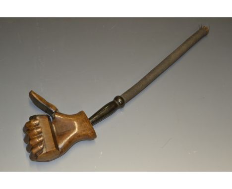 Folk Art - an early 20th century novelty pipe, the bowl boldly carved as a hand grasping a lighter, hinged cover as a thumb, 