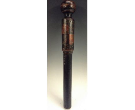 A 19th century turned, painted and ebonised tipstaff, painted with pre-1816 Hanoverian Royal Arms turned bun shaped finial, 4