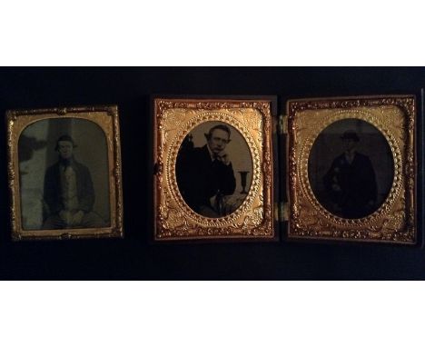 A Victorian diptych Daguerreotype, of two gentleman, in typical formal dress, oval, 6cm x 5cm, gilt metal slip, hinged compos