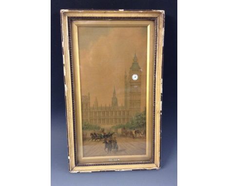 A 19th century novelty clock picture, Big Ben, 1.5cm circular enamel dial with Roman numerals, watch type movement, lithograp
