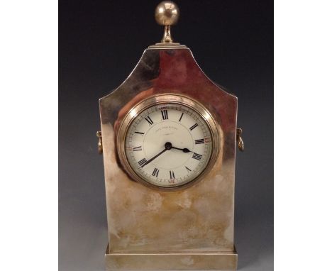 An Edwardian silver mantel timepiece, 5cm convex enamel dial inscribed Page, Keen & Page, Plymouth, Roman and subsidiary Arab