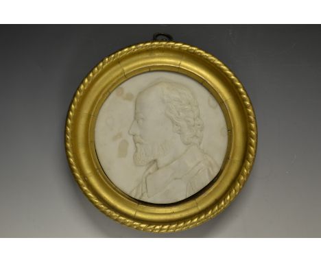 A Grand Tour carrara marble portrait roundel, carved in relief with a profile portrait of a bearded Renaissance gentleman, 19