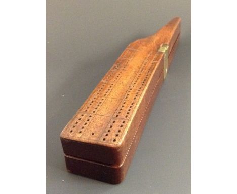 An unusual 19th century brass bound mahogany gentleman's travelling combination boot pull/cribbage board, hinged cover enclos