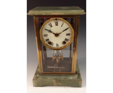 An Ansonia four glass mantel clock with onyx top and base, bevelled glass, 8-day movement marked ANSONIA PATENTED NEW mercury