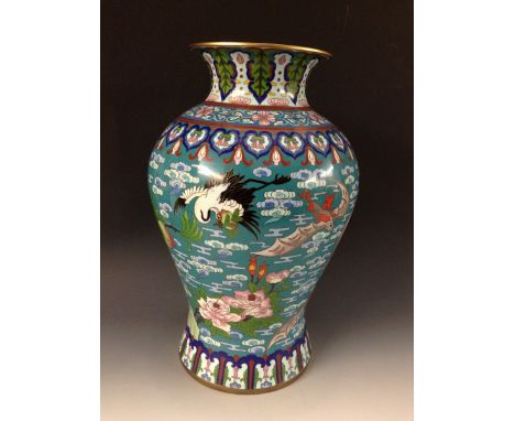 A large Chinese cloisonné enamel baluster vase, brightly decorated with kranes, bats and flowers amongst scrolling flowers, l