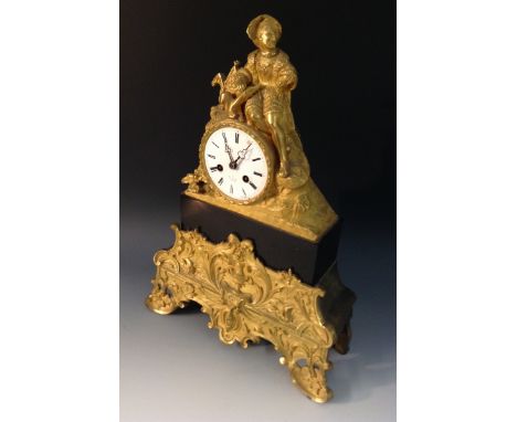 A French Second Empire gilt metal and black marble figural mantel clock, 8cm enamel dial inscribed Hry. Marc A Paris, Roman n