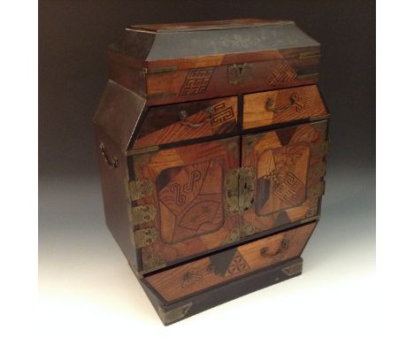 A Japanese shaped ogee marquetry and lacquer collector's cabinet, hinged caddy top above a pair of short drawers, the waist w