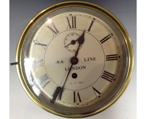 S.A. Line London - a brass ships bulkhead clock, cream dial, Roman numerals, fourteen day movement, marked D. Eyam Clock Co, 