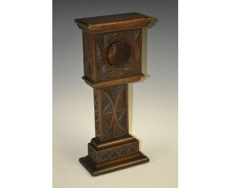 A Victorian mahogany novelty pocket watch stand, as a longcase clock, chip-carved with fan paeterae and lunettes, circular ap