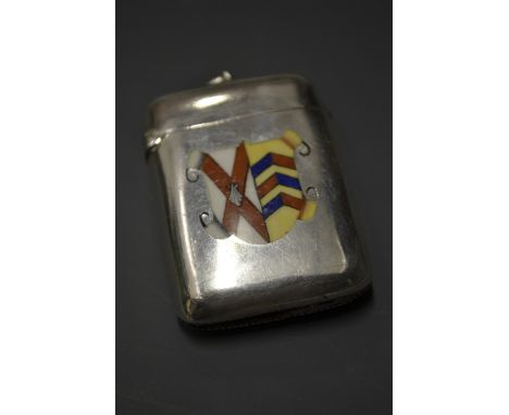 Oxford University - a Victorian silver and enamel vesta case, the front decorated with the arms of Merton College, Oxford, Co