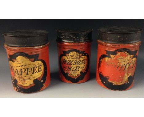 A set of three 19th century salt glazed stoneware cylindrical tobacconist's shop snuff jars, inscribed Wilsons S.P, Rappee an