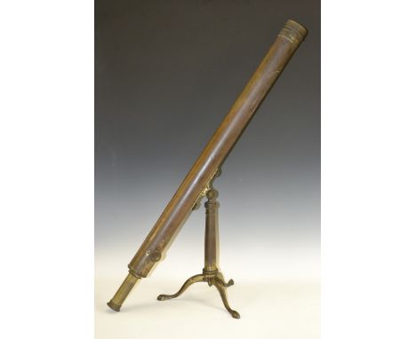 A 19th century lacquered brass tripod two-draw tripod telescope, sliding aperture to eye piece, 114cm long (extended)