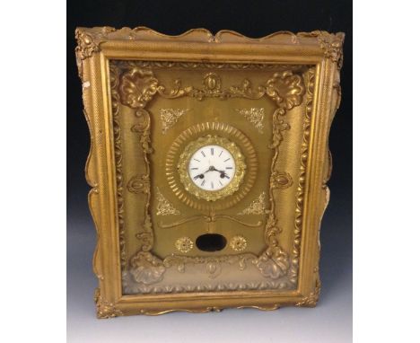 A 19th century French giltwood cabinet wall clock, 8.5cm enamel dial inscribed with Roman numerals, twin-winding holes, eight