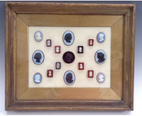 An interesting collection of portrait cameos, in the Classical taste, various materials, framed, 16cm x 22cm 