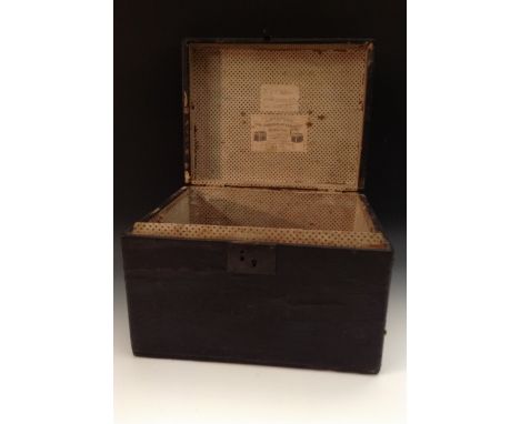 A 19th century leather covered travelling box, by J Milford, Trunk, Portmanteau and Packing Case Manufacturer, Bath, hinged c