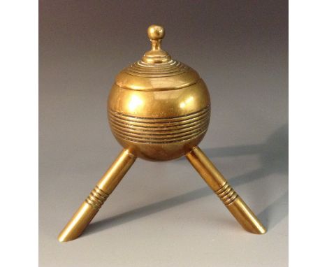 An Aesthetic Movement tripod globular inkwell, in the manner of Dr Christopher Dresser, hinged cover, reeded bands, 11cm high