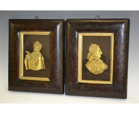 A pair of 19th century gilt metal portrait plaques, Oliver Cromwell and Lord Byron, 10cm x 8cm and 10cm x 7cm, rosewood frame