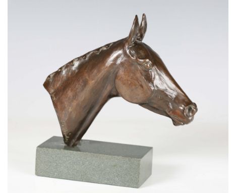 Pamela du Boulay -  'Mill Reef', a late 20th century brown patinated cast bronze study of a horse's head, titled and signed t