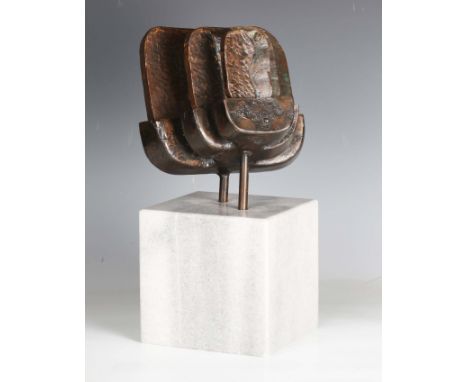 Attributed to Rob Thalen - a late 20th century Continental brown patinated cast bronze abstract sculpture, raised on a white 