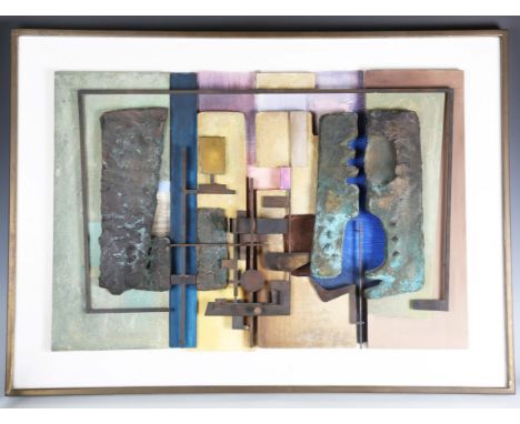 Endre Hevezi - a mid/late 20th century mixed media wall panel, formed from sections of bronze, enamelled metal and painted wo