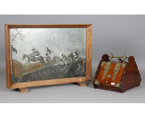 A late Victorian walnut and brass mounted coal purdonium, height 35cm, width 33cm, depth 51cm, together with an oak framed fi