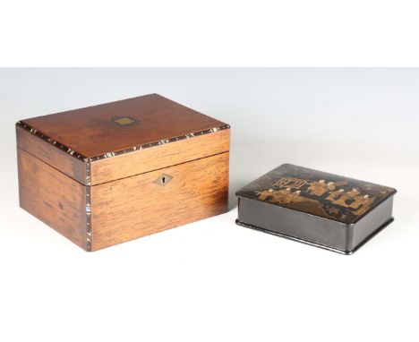 A Victorian walnut workbox with fitted interior, containing a group of small collectors' items, including a paste set belt bu