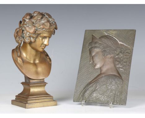 After the antique - Antinous as Dionysus, a 19th century cast gilt bronze head and shoulders bust, raised on a stepped square