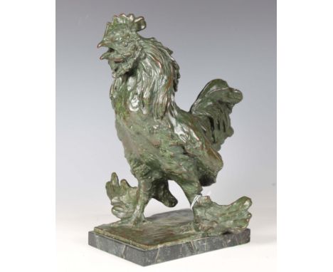 Pauline Boumphrey - an early 20th century green patinated cast bronze model of a cockerel, bearing cast signature and raised 