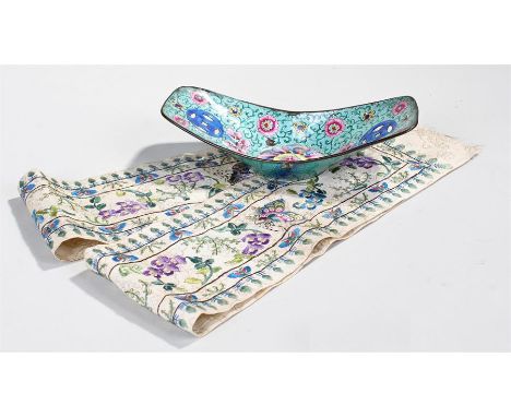 Mixed lot to include a Chinese enamel on copper dish of boat shape decorated with flowers and the cash. length 17cm and two s