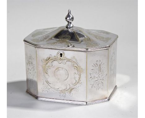 Silver plated tea caddy of octagonal form with engraved decoration of scrolling foliage and the Prince Consort in the front p