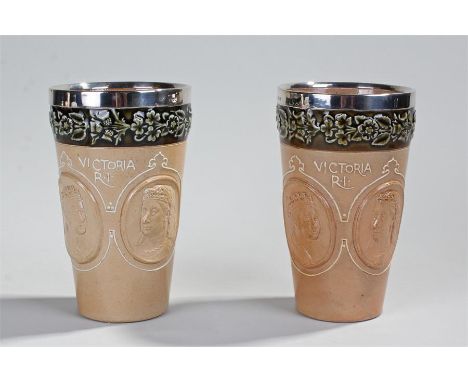 Two Doulton Lambeth salt glazed  stoneware beakers commemorating Queen Victoria diamond jubilee with two relief moulded portr