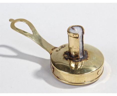 Small early 19th century chamber stick with handle and tinder box with hinged lid and tear drop handle with steel striker ins