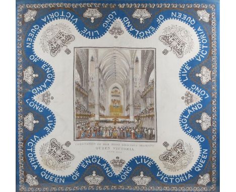 Textile print commemorating the Coronation of Queen Victoria June 1838 the centre with the scene of Westminster Abbey. Possib