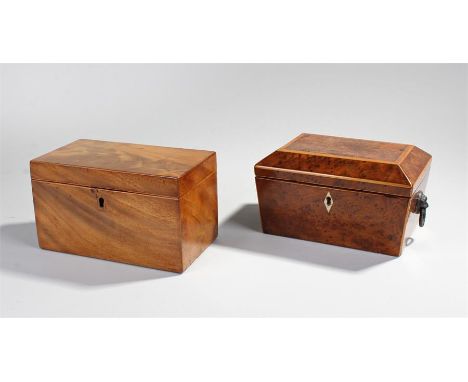 George III burrwood and fruit wood tea caddy, the sarcophagus body with lion mask handles to the sides, the lid enclosing two