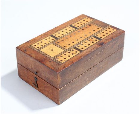 19th century treen playing card box with inlalid cribbage board top, with cards and bone peg