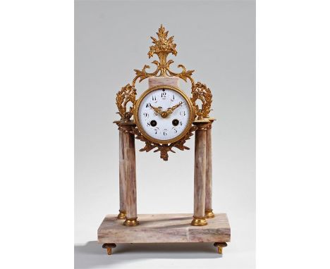 19th Century French gilt spelter and marble portico clock, the swag and blooming urn finial top above four marble columns and