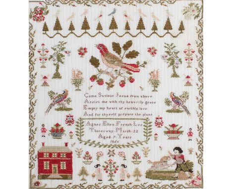 Victorian sampler, with birds surmounting trees above further birds and squirrels, a bible passage above the name Agnes Ellen