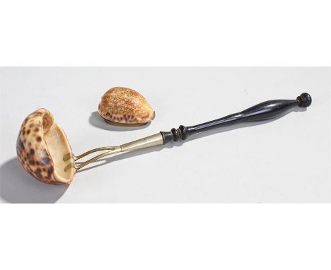 19th Century Cowrie shell snuff box, circa 1820 with brass mounts to include a cowrie shell punch ladle with brass and ebony 