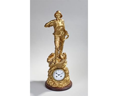 19th Century gilt spelter mantel clock, of large proportions retailed by J.W. Benson Ltd, of a life guard standing on a  boat