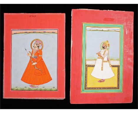 Two Indian portraits of Maharajas from the personal collection of Maharaja H Bikaner depicting a nobleman standing on a yello