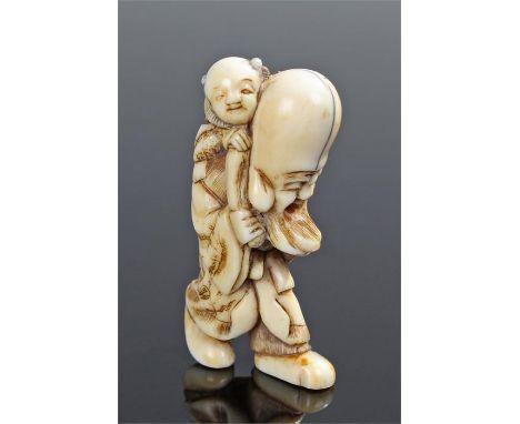 19th century Japanese ivory Netsuke of Fukurokujo, 19th Century, standing and holding the end of his long beard and with a ka