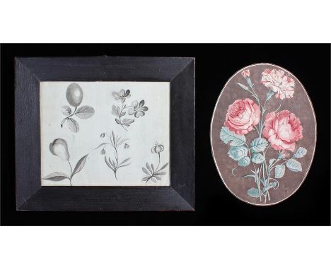 Framed monochrome watercolour of fruit and flowers and an unframed colour print of roses and carnation. The former 27cm x 23c