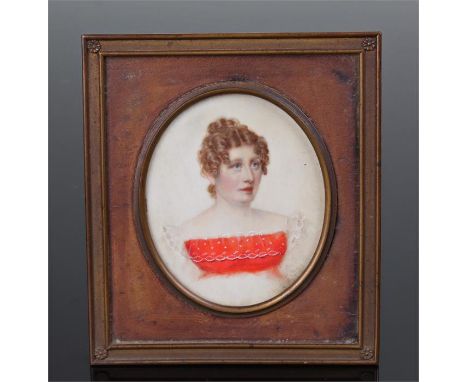 19th century portrait miniature of a young lady with hair in ringlets wearing a white dress with red bodice. Mounted in an ea